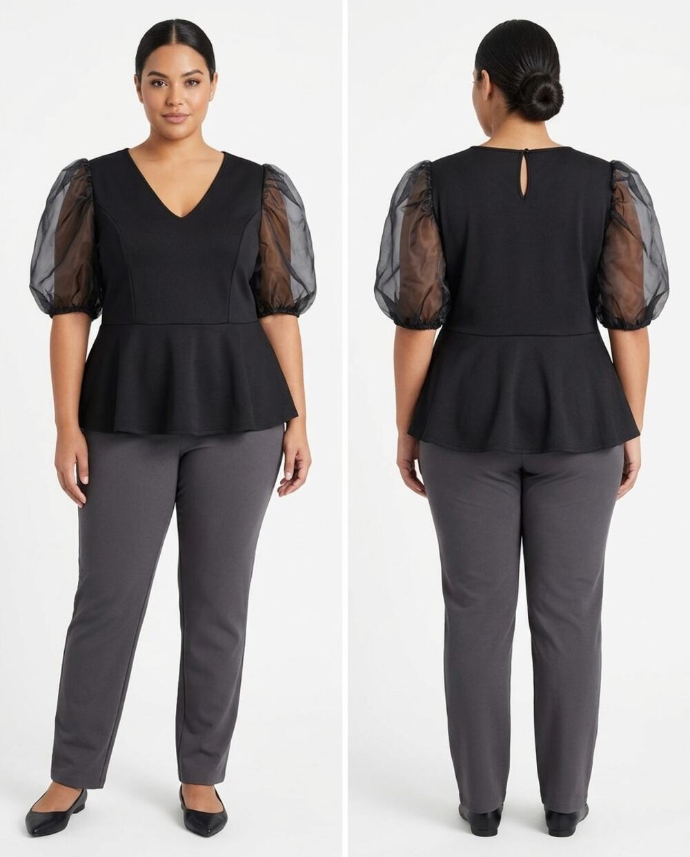 NWT Ashley Stewart Black Ruffle Peplum V-Neck Knit Blouse Women Size 18/20